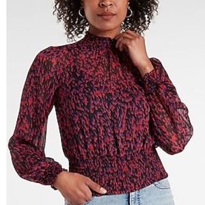 Express Printed Smocked waist sheet Bodice Puff Sleeve Top attached cami red